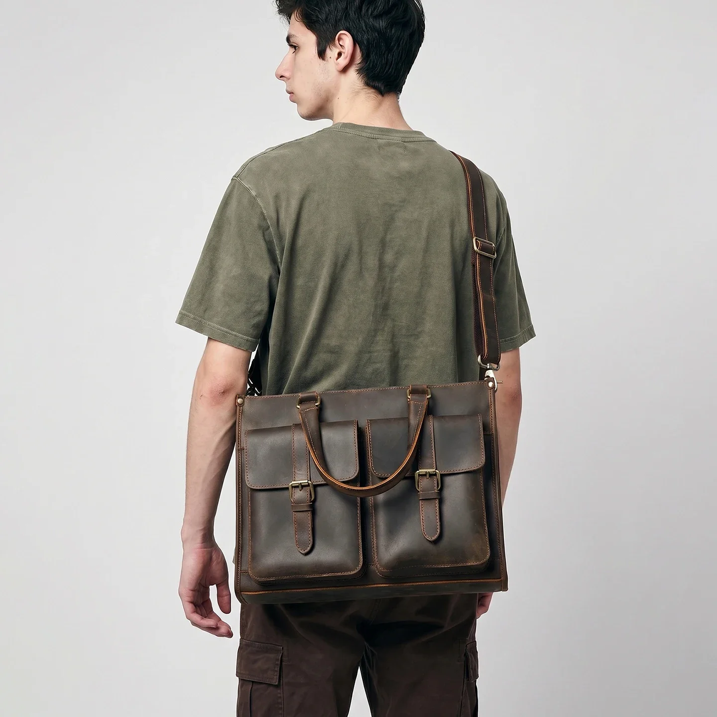 Leatherwork Thread - ヴィンテージ本革メンズクロスボディショルダーブリーフケースクレイジーホースレザーハンドバッグ通勤通学14インチノートパソコン対応メッセンジャーバッグ