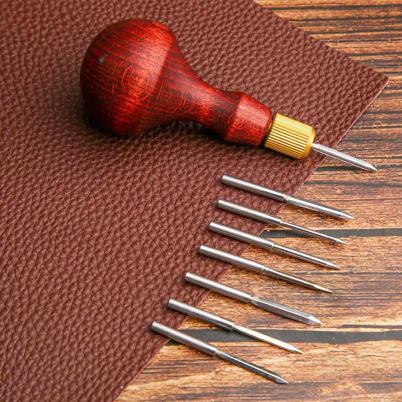 Leatherwork Awl - 日曜大工の革製パンチオール、交換可能なニードルヘッド、手作りパンチ、木製ハンドル、靴パンチ、ホールステッチツール、1セット