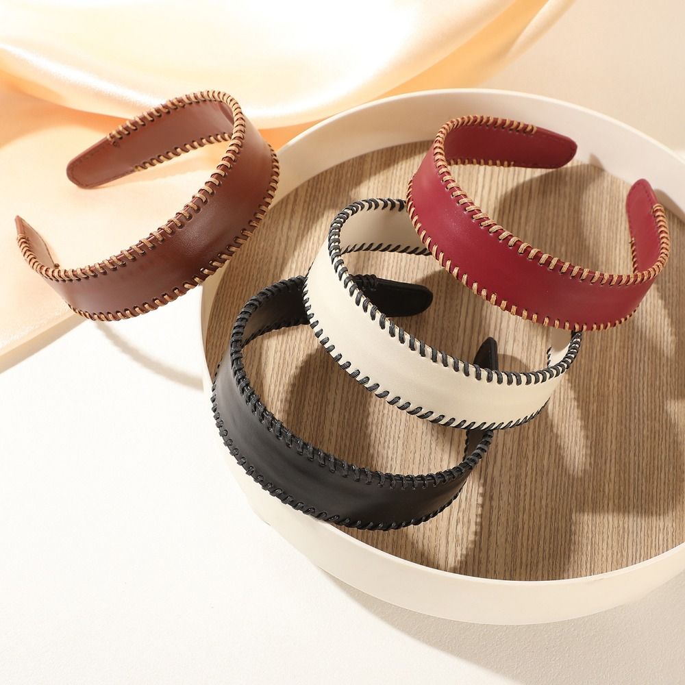 Leatherwork Rings - 気質ソリッドカラーレザーヘッドバンド韓国スタイルヘッドウェア女性ヘアフープコーヒー滑り止めワイドエッジヘアバンド女性