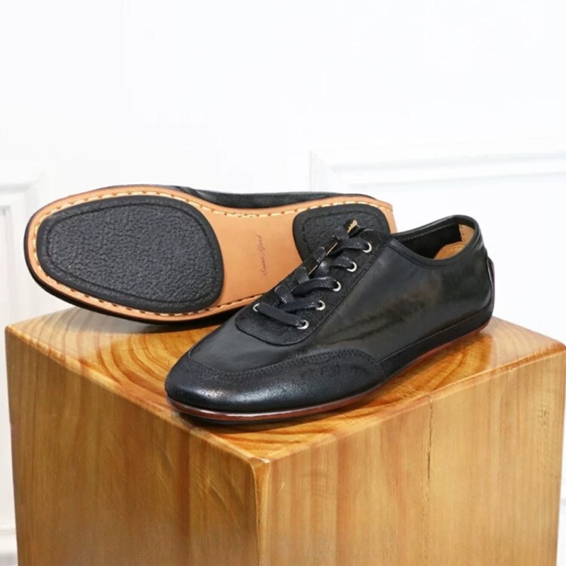Leatherwork Training - レトロウォッシュ加工本革カジュアルトレーニングシューズメンズハンドメイドフラットワークウォーキング高品質スポーツドライビングレザーシューズ